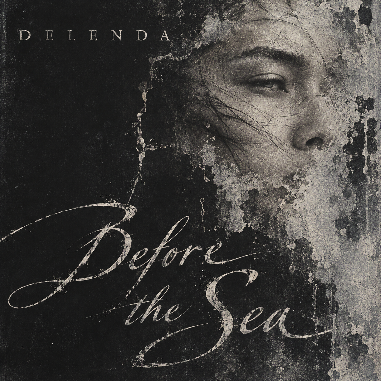 Before the Sea cover: a fragmented face emerges from worn silver-grey textures against charcoal, with sweeping title lettering.